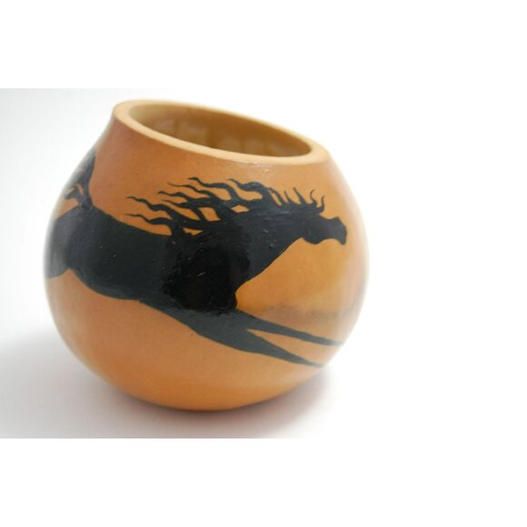 Handpainted Gourd Art Running Sleek Black Stallion Horse Signed BC 92 - Picture 9 of 9